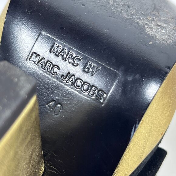 MARC BY MARC JACOB Sandals 40 Suede 5" Block Heels Platform Black Gold - Picture 15 of 16